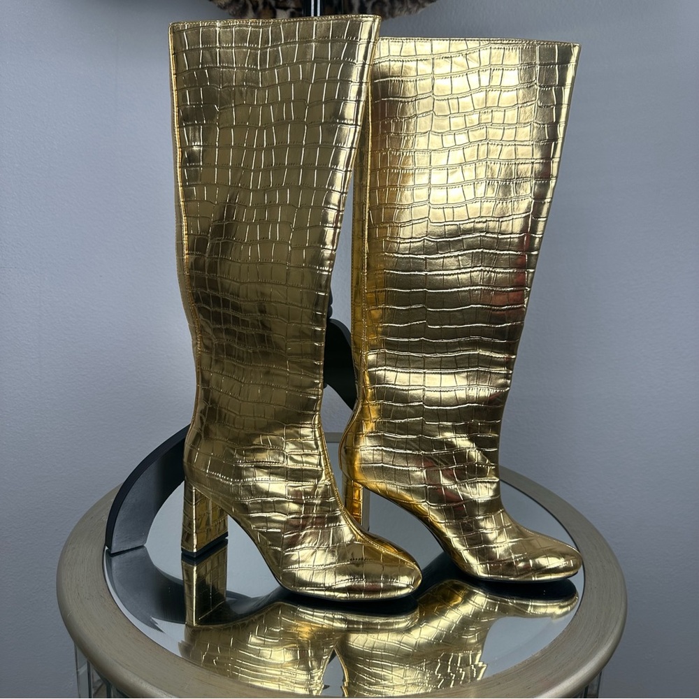 ZARA Gold Metallic Croc Embossed Heel Boots Womens US 7.5 Statement Glam Diva